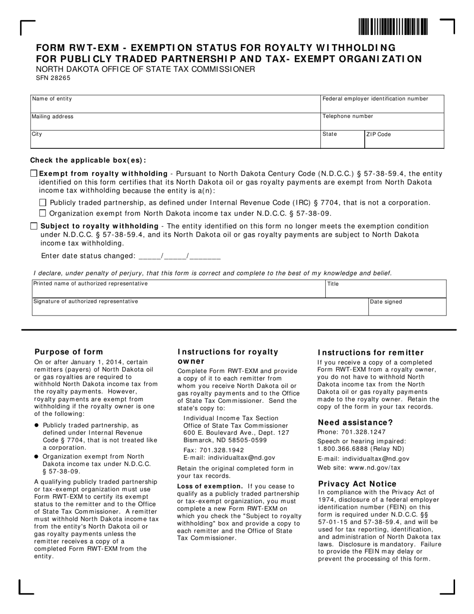 Form RWT-EXM (SFN28265) Exemption Status for Royalty Withholding for Publicly Traded Partnership and Tax-Exempt Organization - North Dakota, Page 1