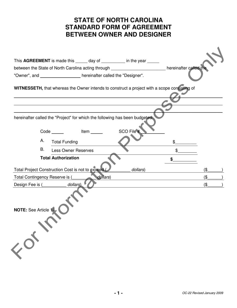 Form OC-22 State of North Carolina Standard Form of Agreement Between Owner and Designer - North Carolina, Page 1