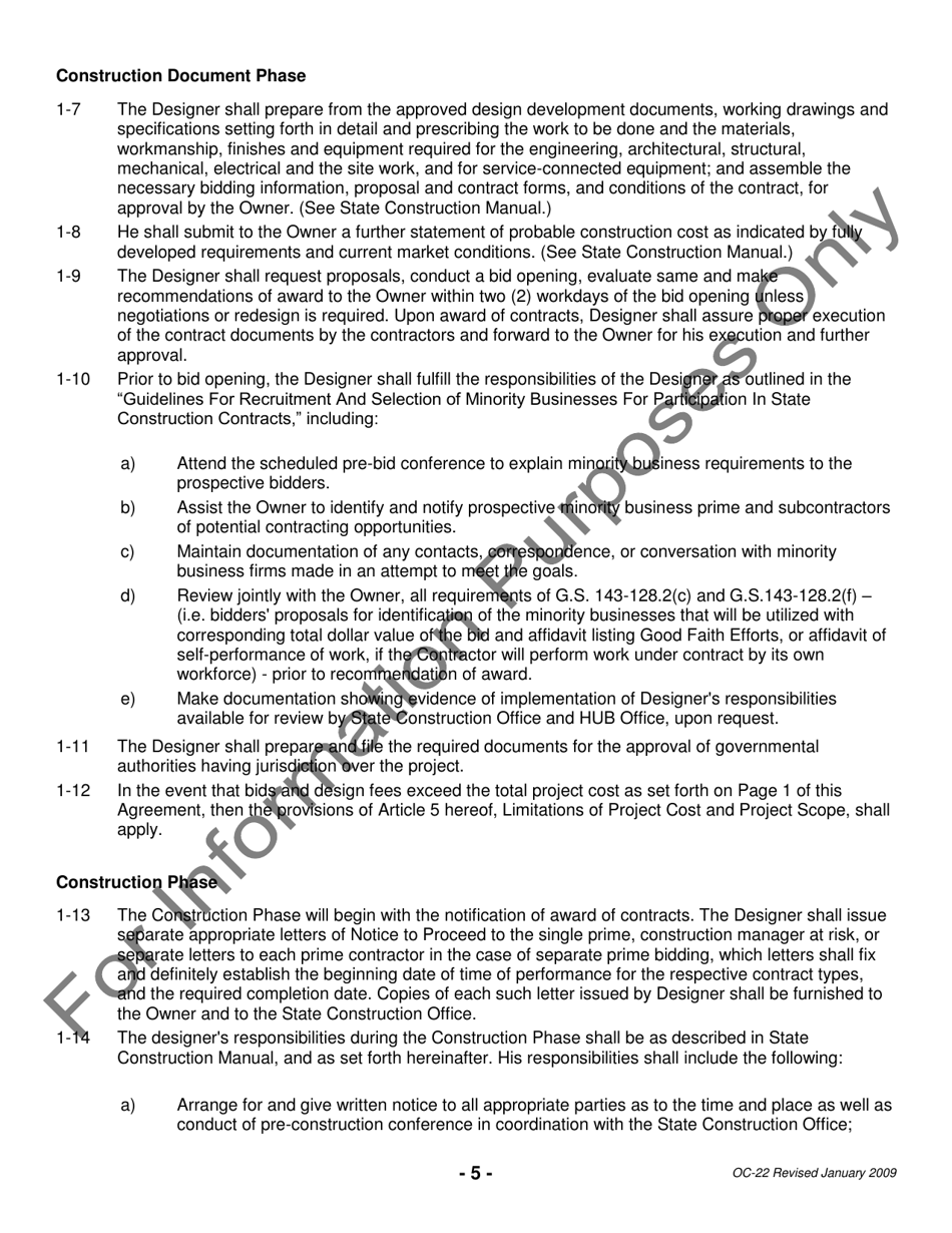 Form OC-22 State of North Carolina Standard Form of Agreement Between Owner and Designer - North Carolina, Page 5