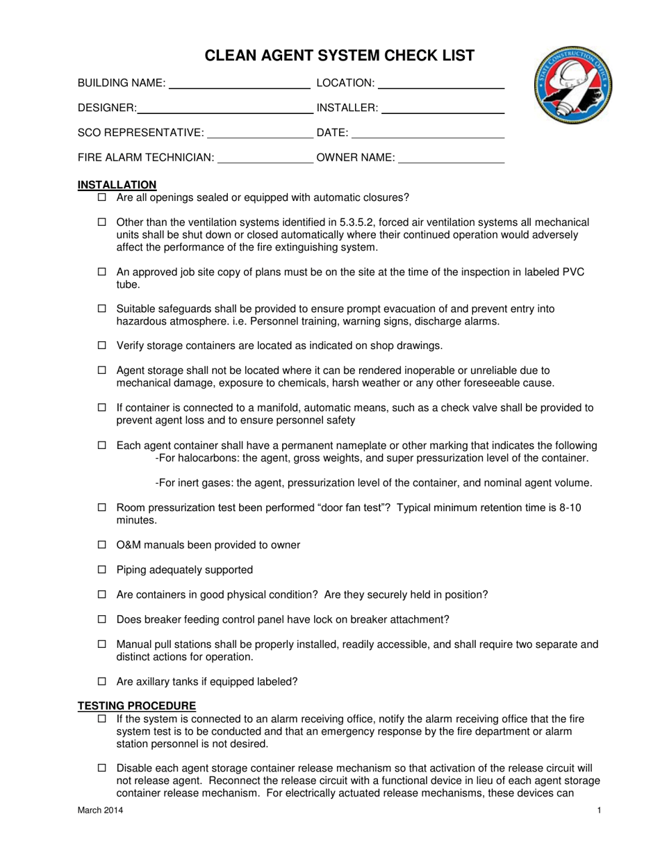 Clean Agent System Check List - North Carolina, Page 1