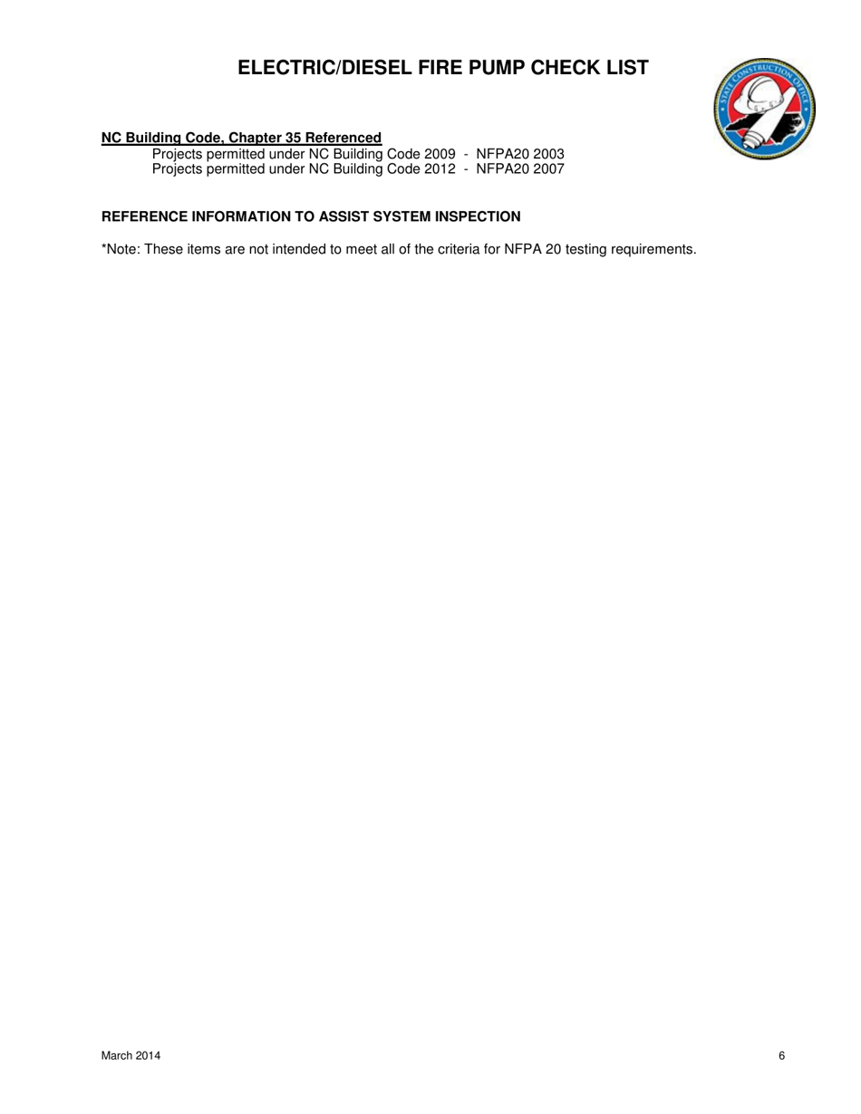 Electric / Diesel Fire Pump Check List - North Carolina, Page 6