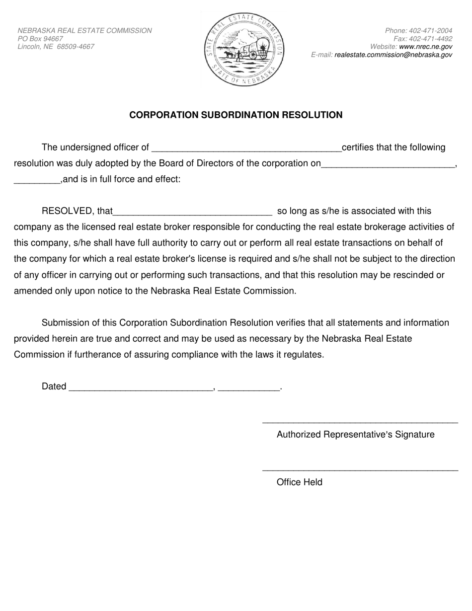 Corporation Subordination Resolution - Nebraska, Page 1