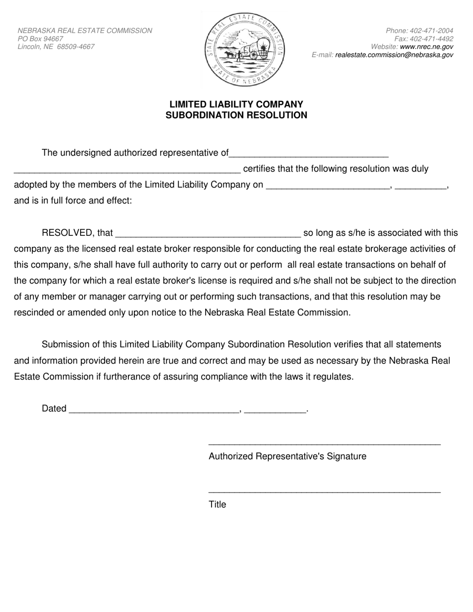 Limited Liability Company Subordination Resolution - Nebraska, Page 1