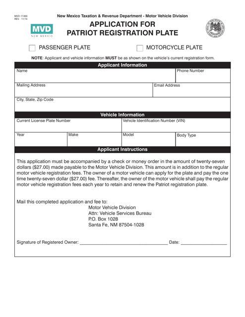Form MVD-11300 Application for Patriot Registration Plate - New Mexico