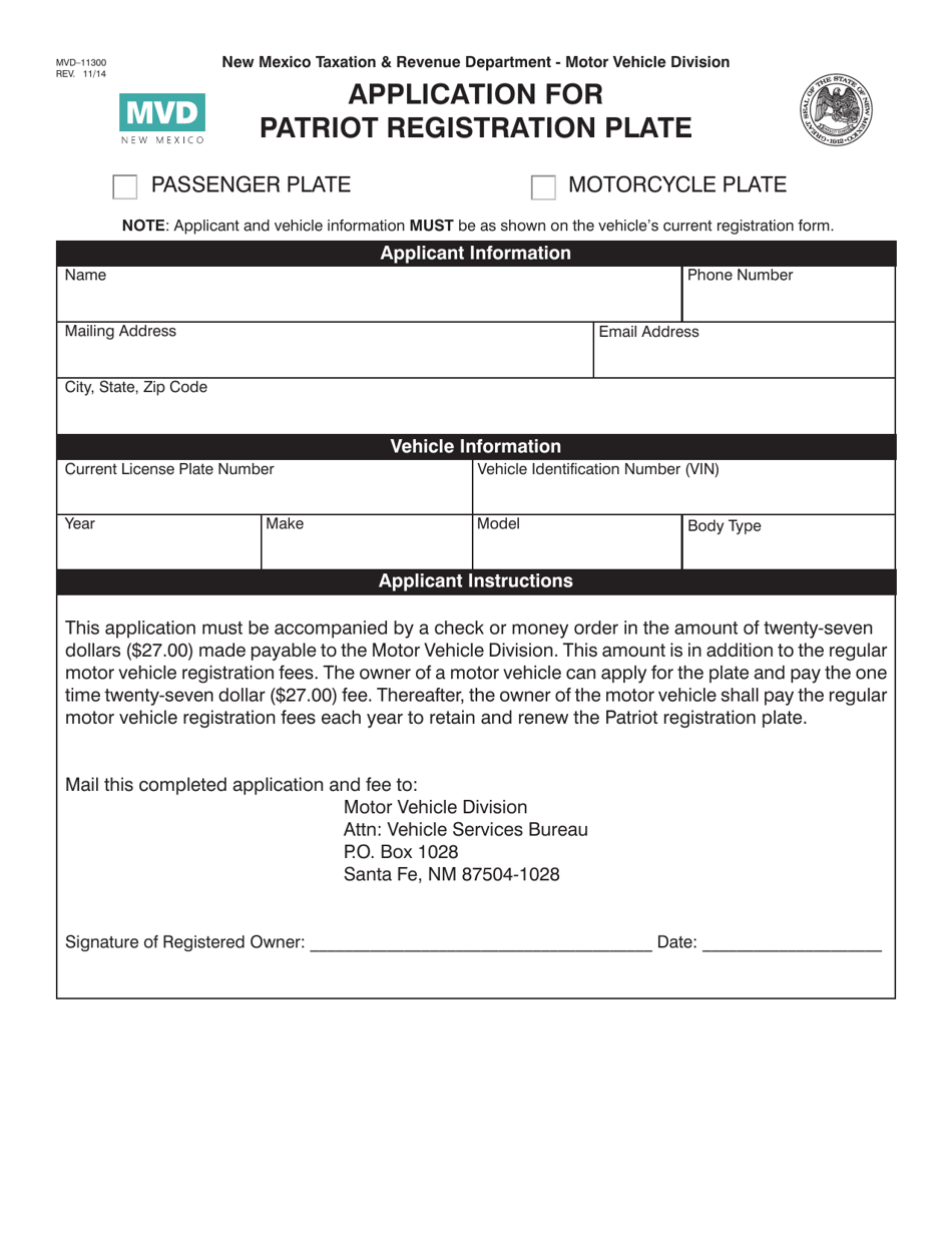 Form MVD-11300 Application for Patriot Registration Plate - New Mexico, Page 1