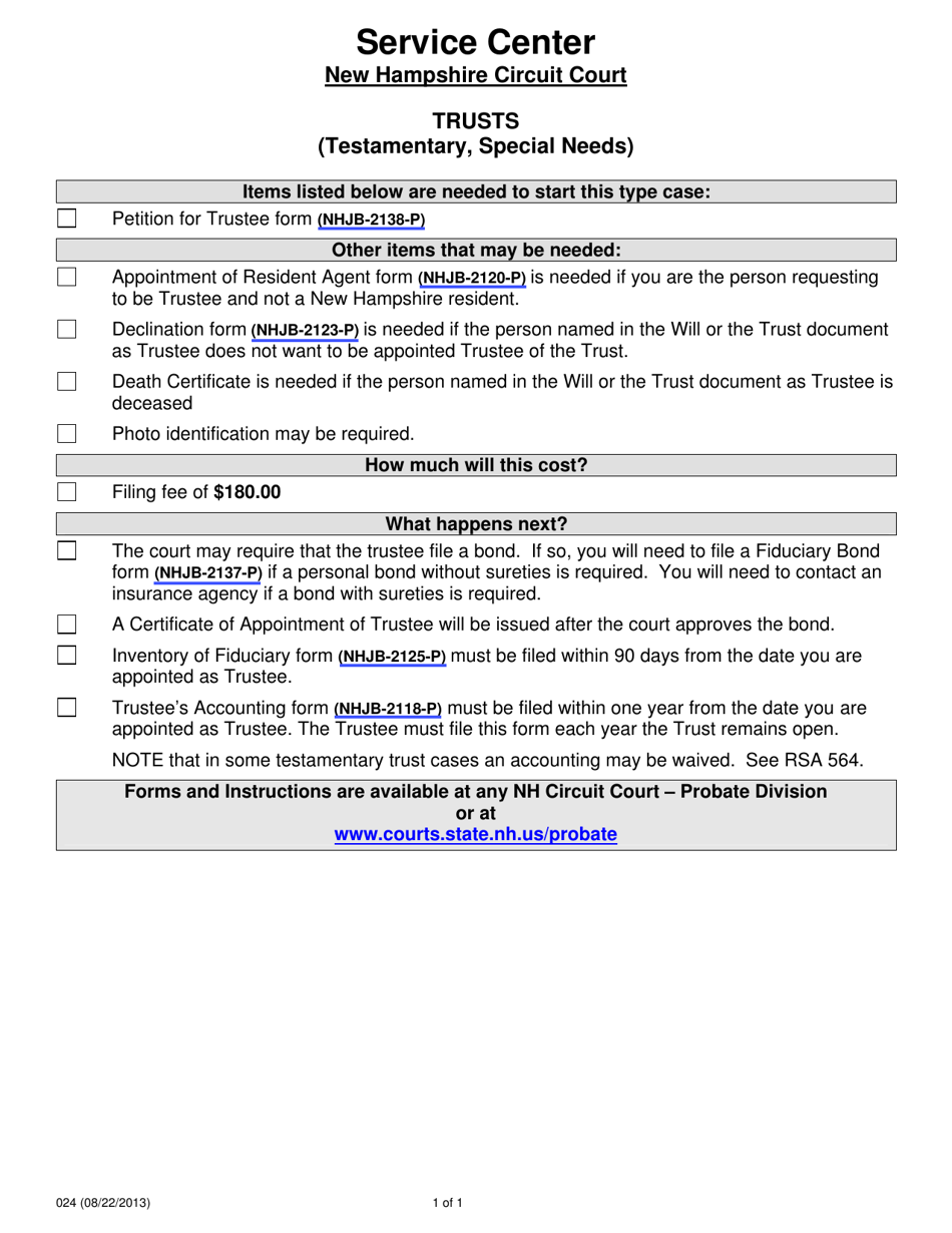 Form 024 Testamentary Trust Checklist - New Hampshire, Page 1