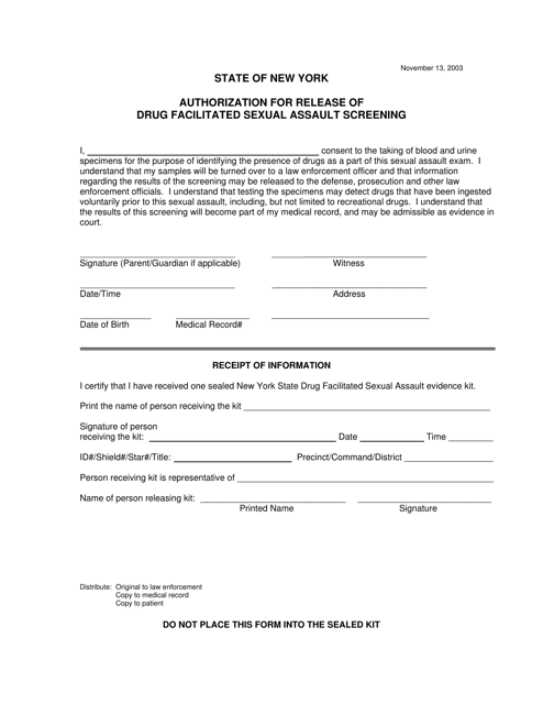 Authorization for Release of Drug Facilitated Sexual Assault Screening - New York Download Pdf