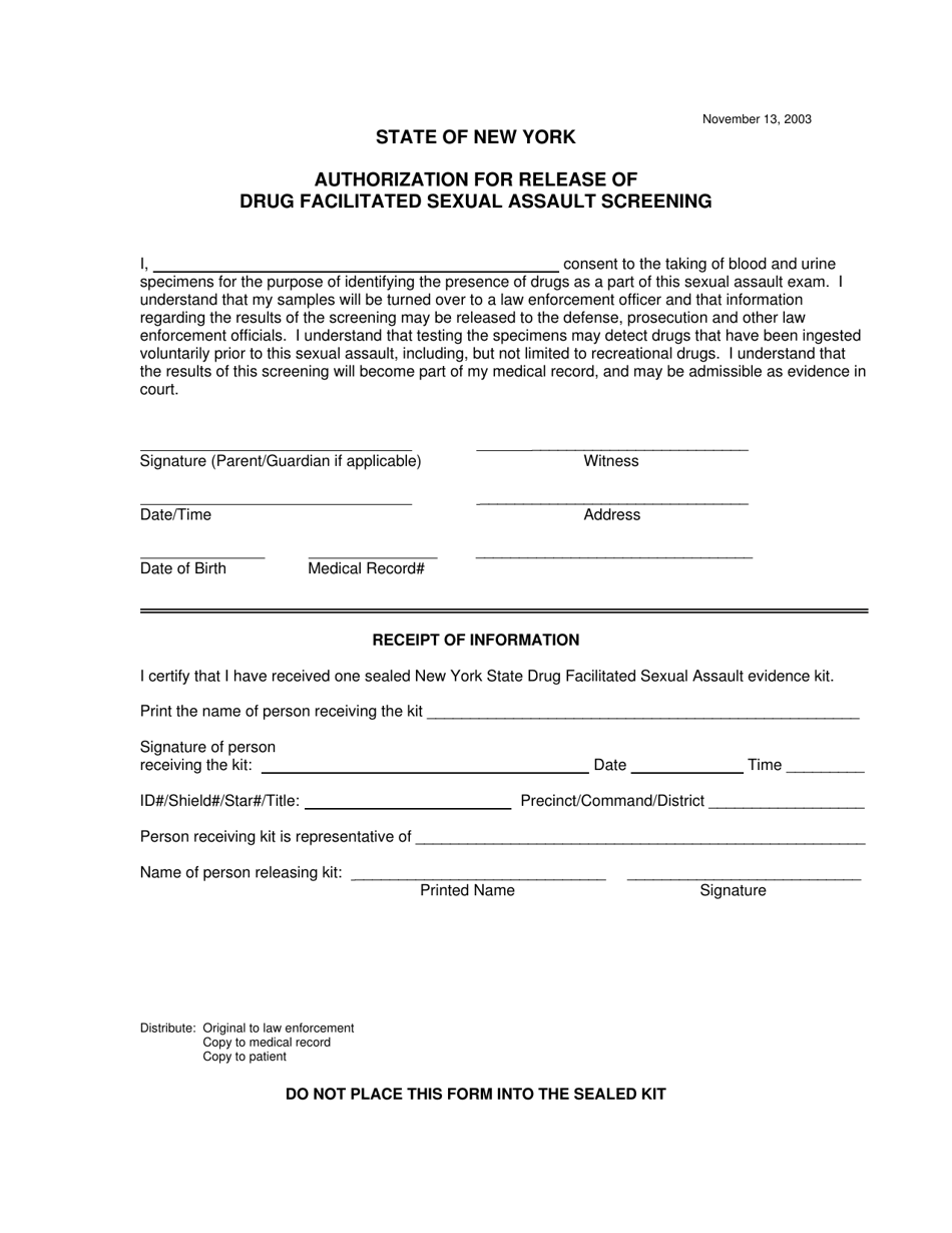 Authorization for Release of Drug Facilitated Sexual Assault Screening - New York, Page 1