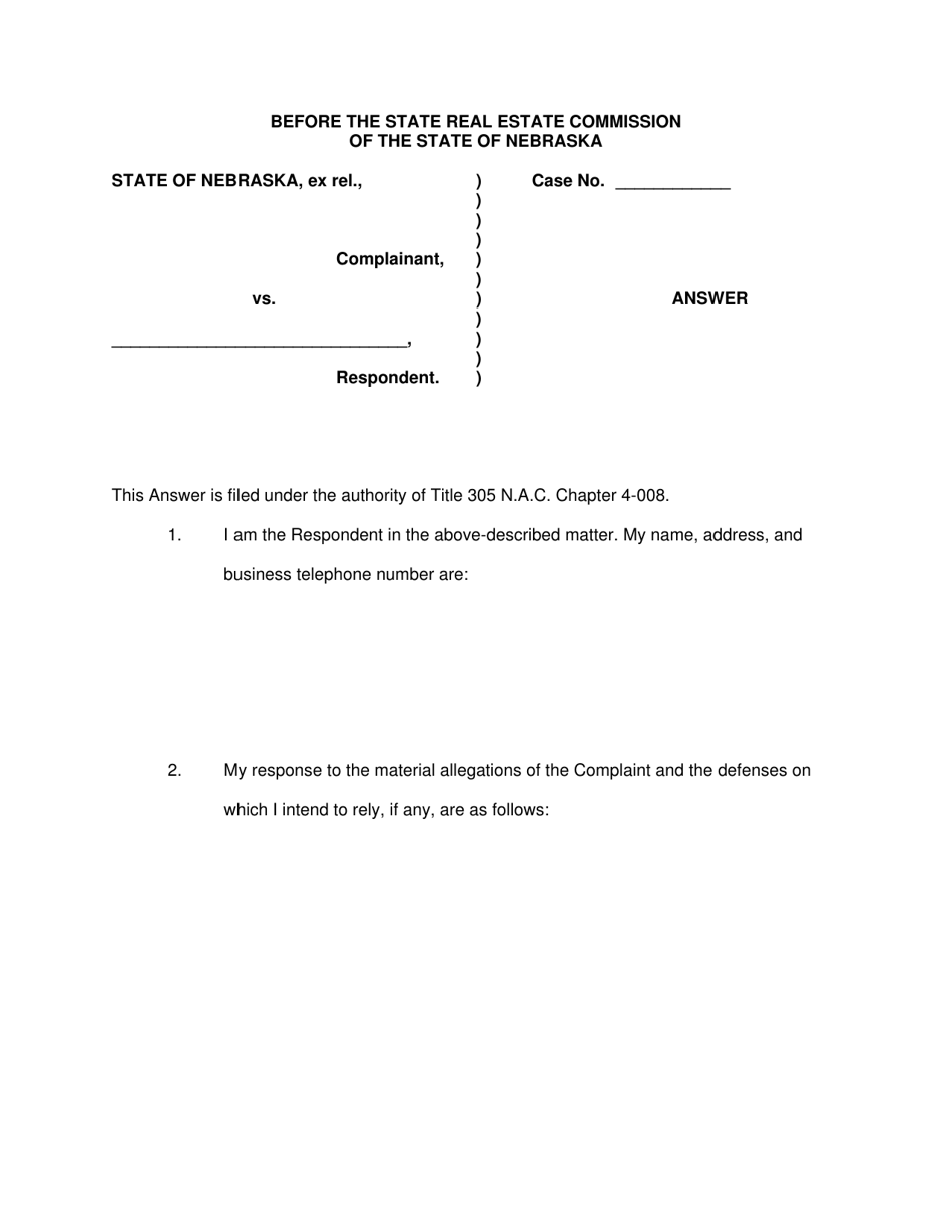 Nebraska Answer - Fill Out, Sign Online and Download PDF | Templateroller