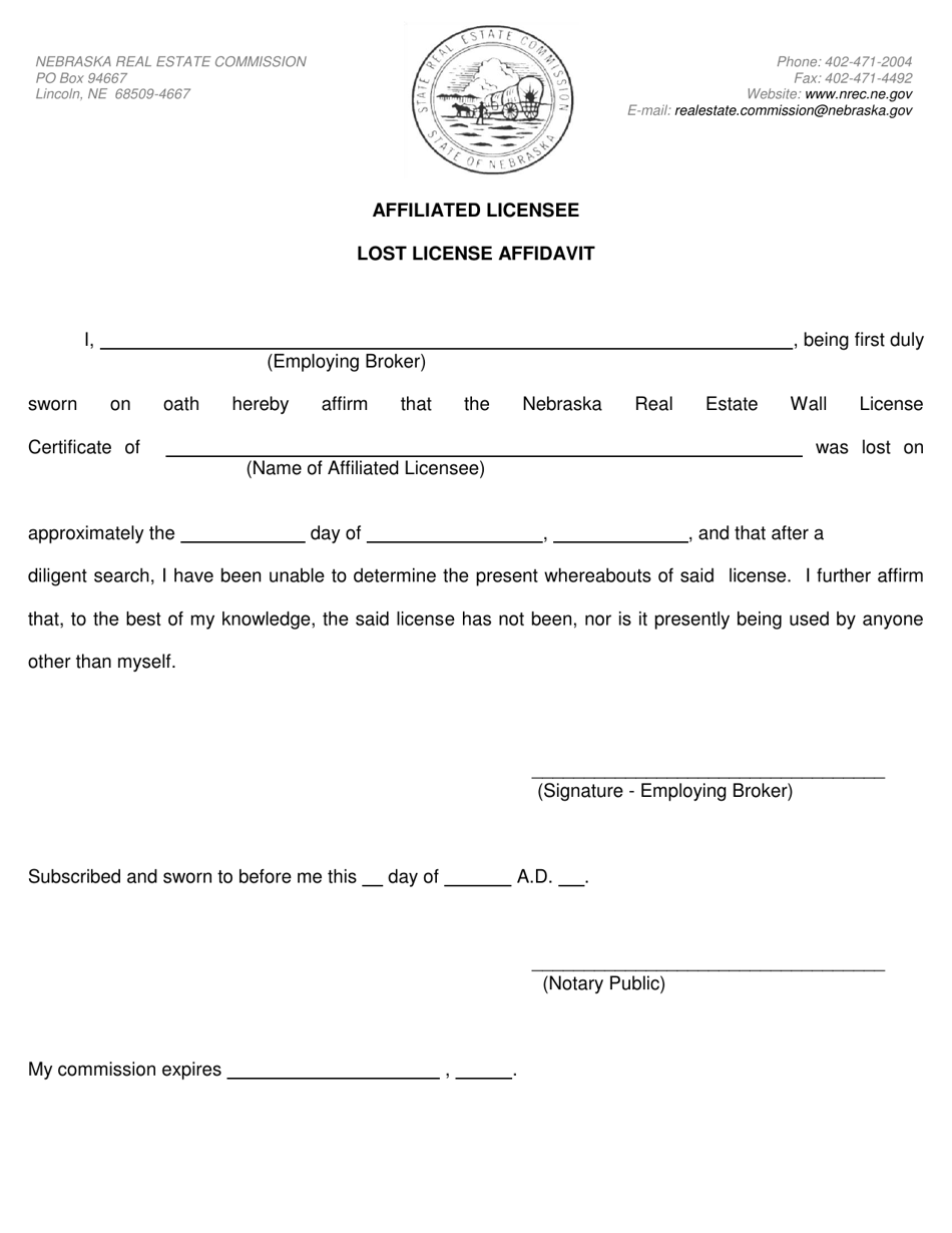 Affiliated Licensee Lost License Affidavit - Nebraska, Page 1