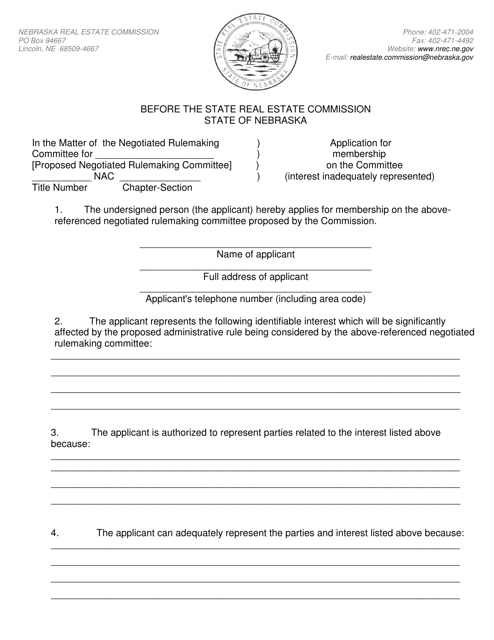 Application for Membership on the Committee (Interest Inadequately Represented) - Nebraska