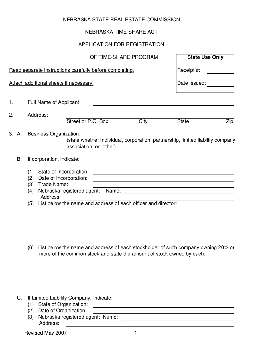 Application for Registration of Time-Share Program - Nebraska, Page 1