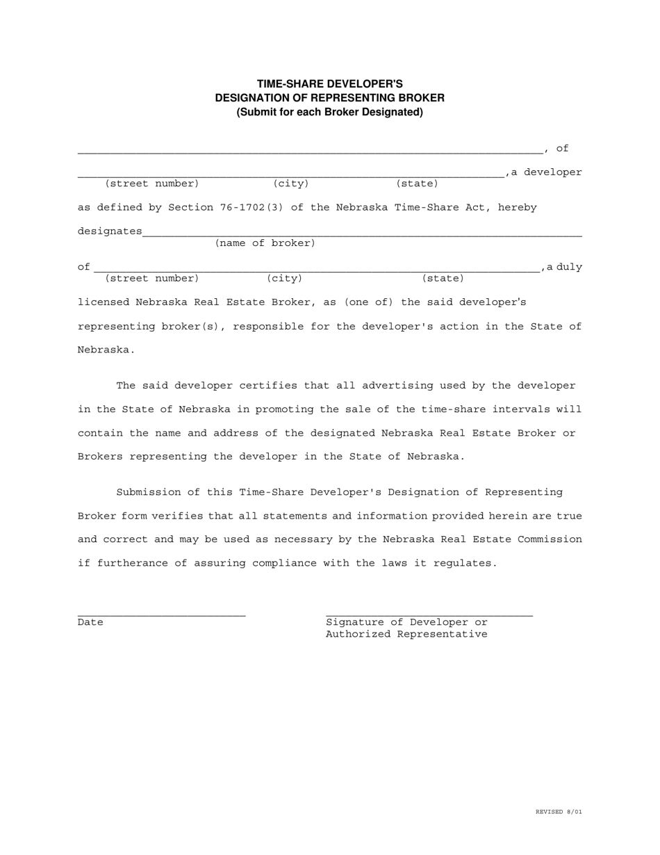 Time-Share Developers Designation of Representing Broker - Nebraska, Page 1