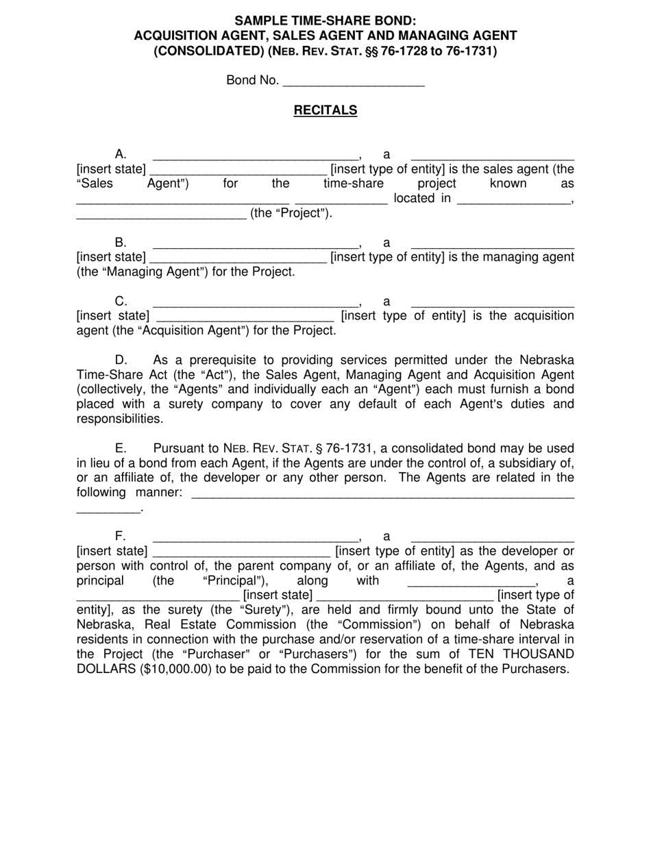 Sample Time-Share Bond: Acquisition Agent, Sales Agent and Managing Agent (Consolidated) - Nebraska, Page 1