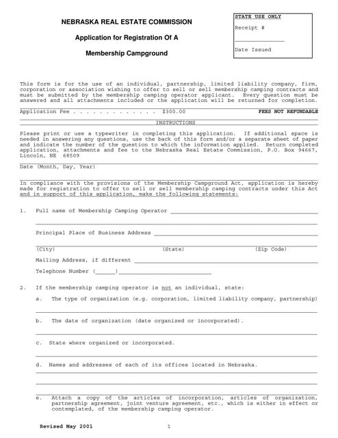 Application for Registration of a Membership Campground - Nebraska Download Pdf
