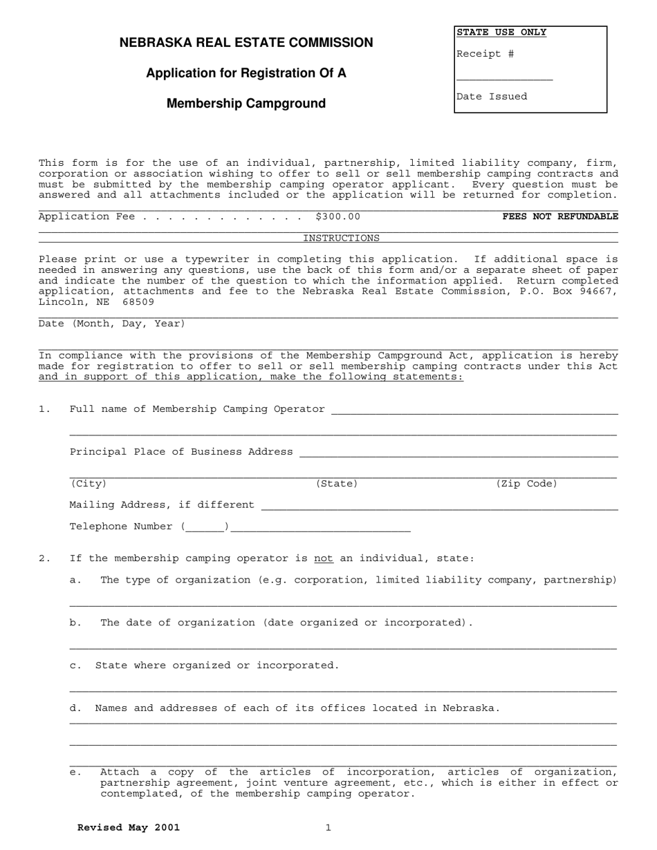 Application for Registration of a Membership Campground - Nebraska, Page 1
