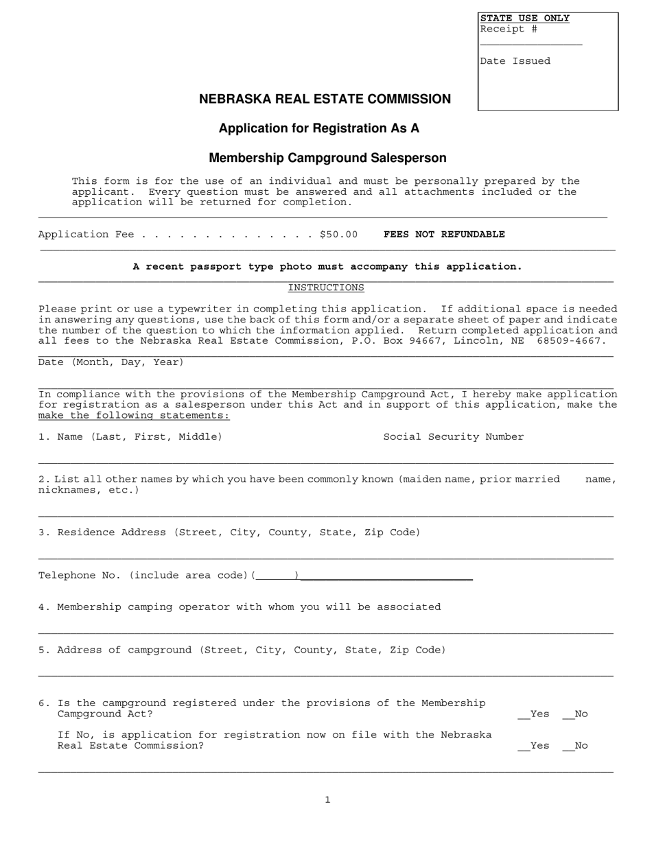 Application for Registration as a Membership Campground Salesperson - Nebraska, Page 1