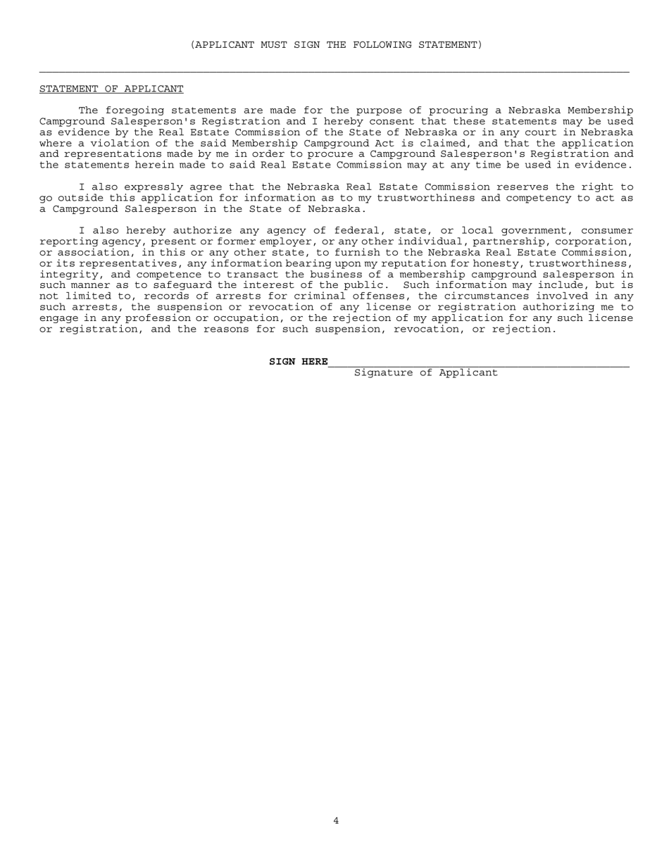 Application for Registration as a Membership Campground Salesperson - Nebraska, Page 4