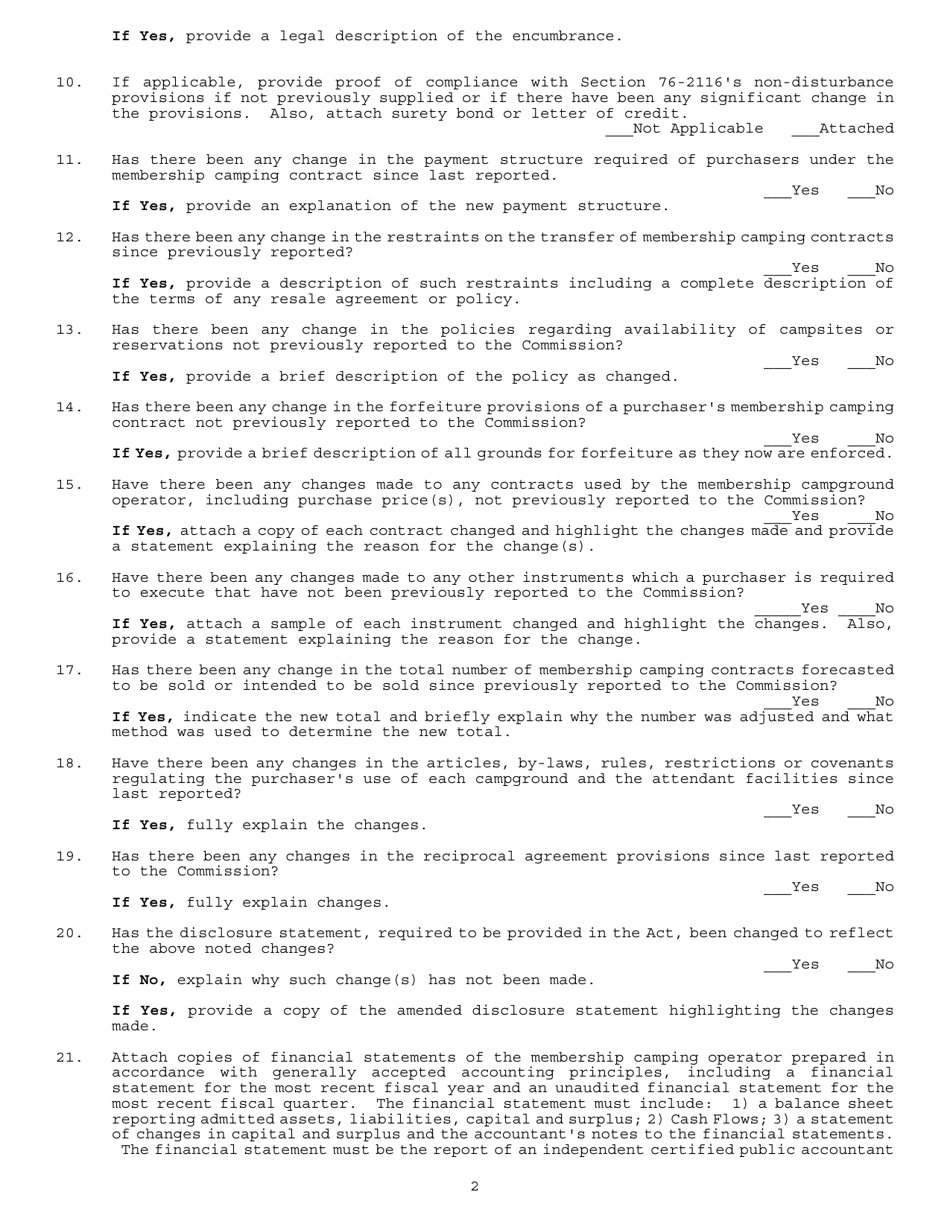 Application for Renewal of Registration as a Nebraska Membership Campground Operator - Nebraska, Page 2