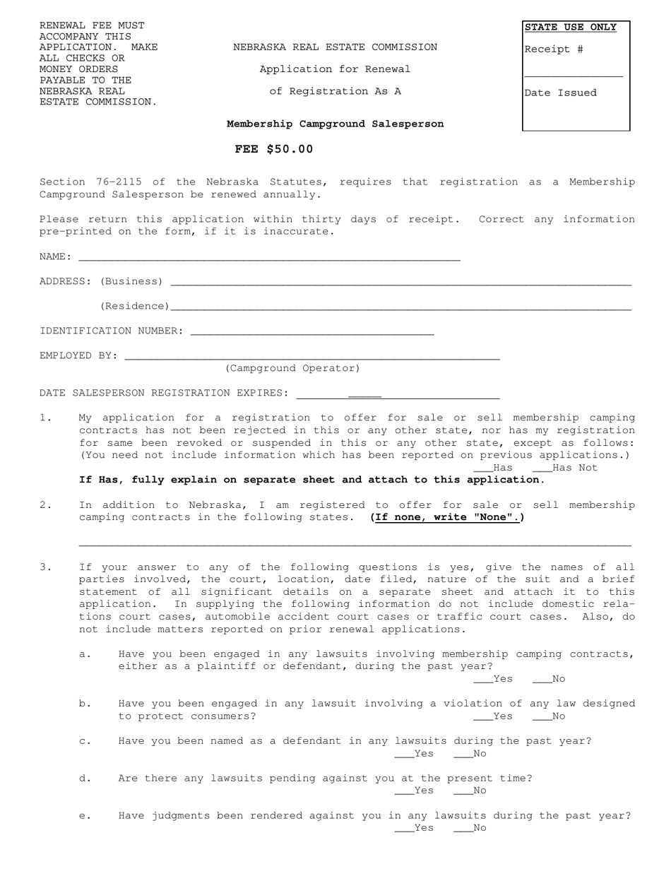 Application for Renewal of Registration as a Membership Campground Salesperson - Nebraska, Page 1