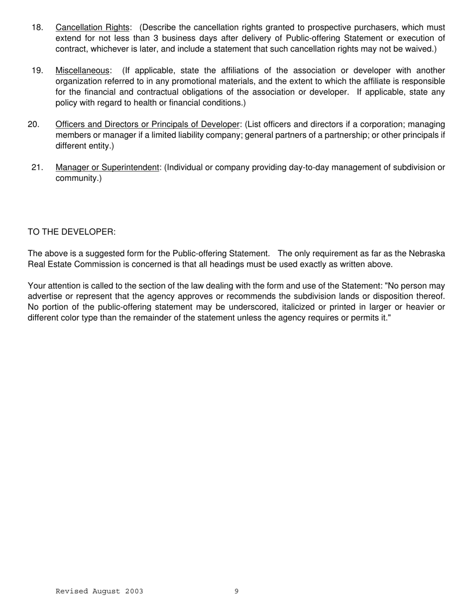 Statement of Record - Retirement Subdivision or Community - Nebraska, Page 9