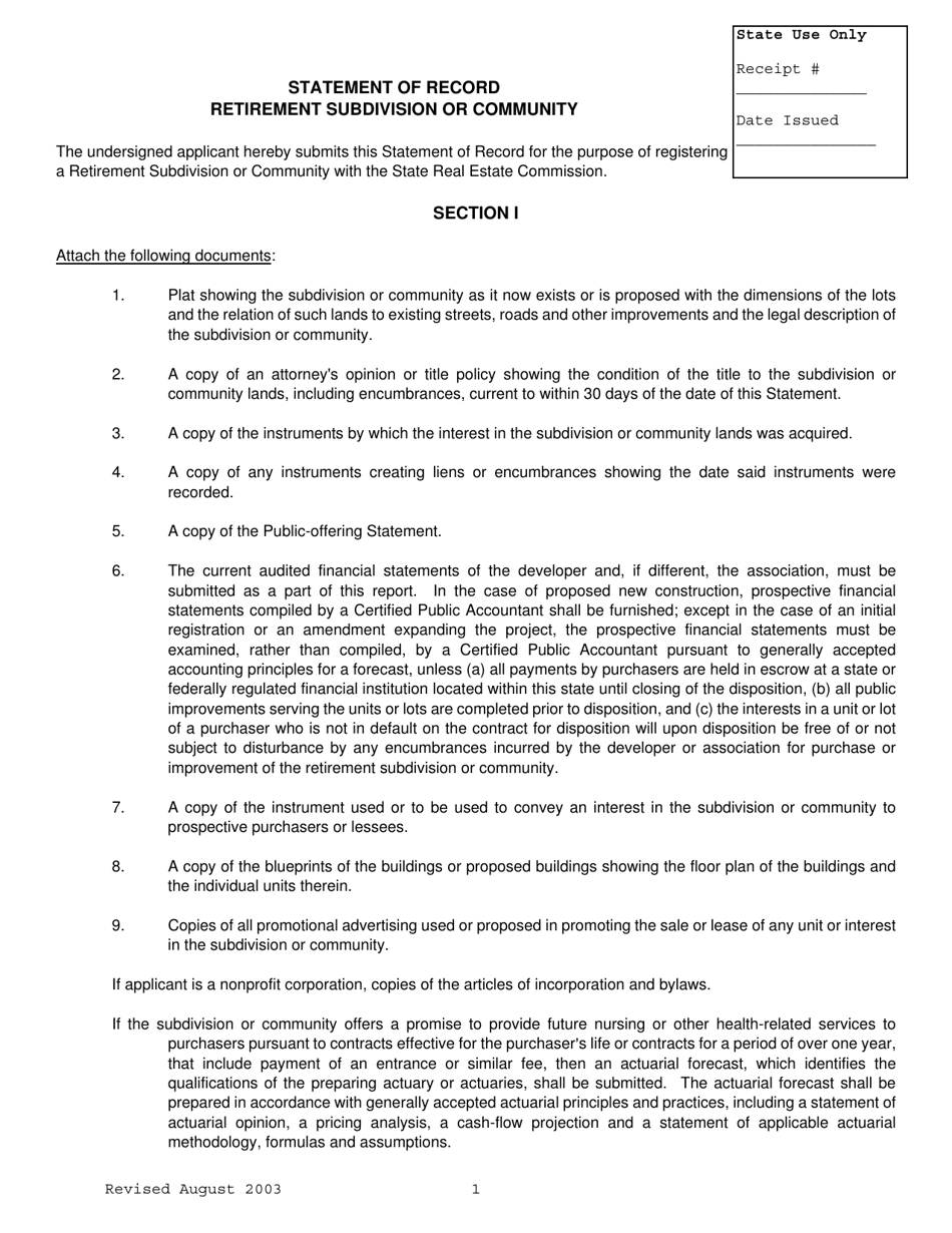 Nebraska Statement of Record - Retirement Subdivision or Community ...