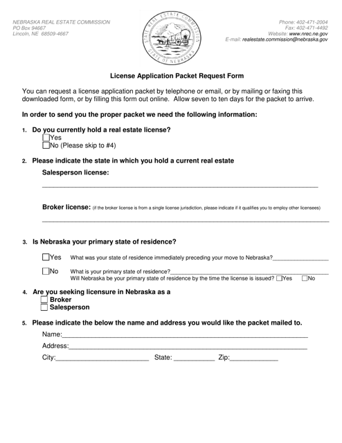 License Application Packet Request Form - Nebraska Download Pdf