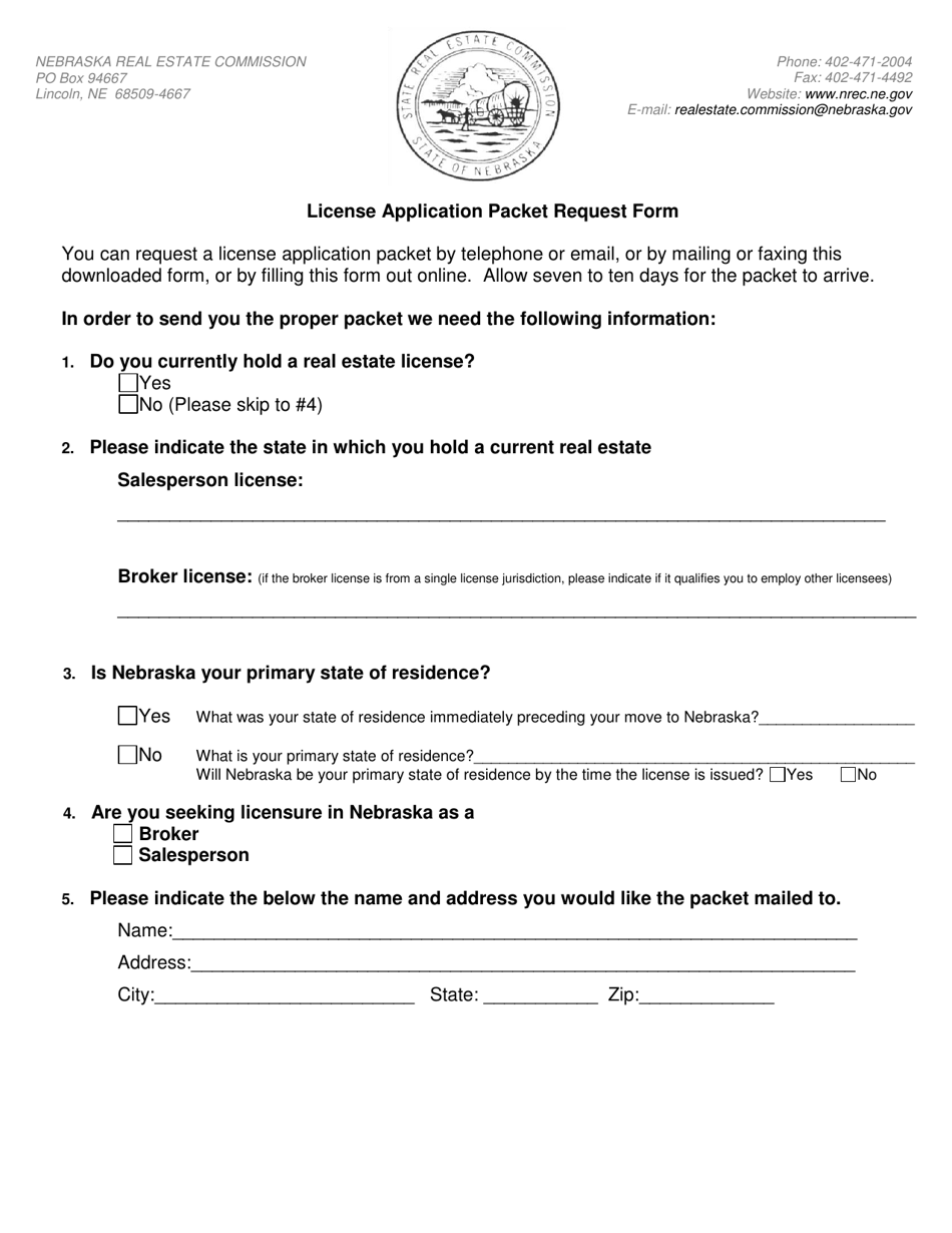 License Application Packet Request Form - Nebraska, Page 1