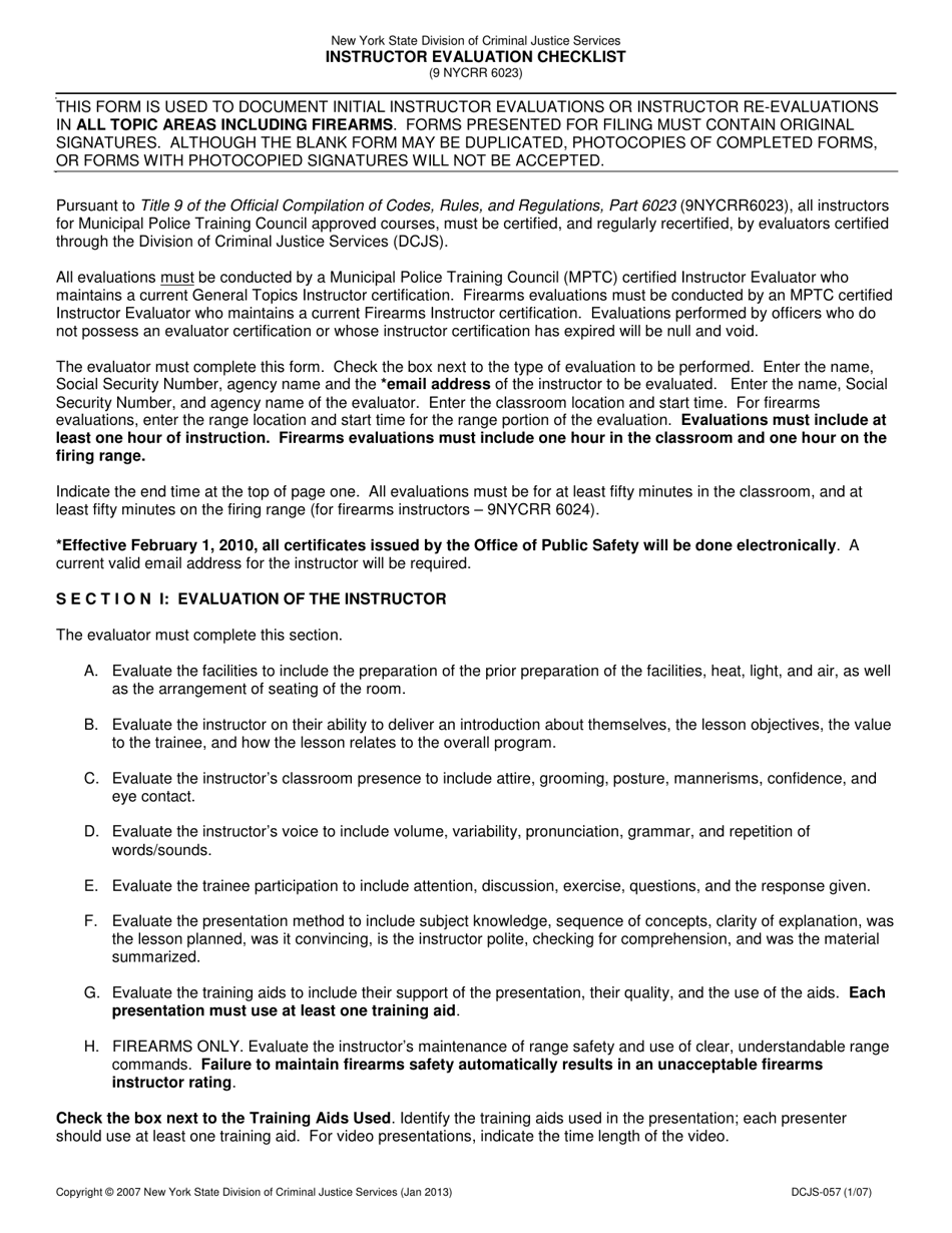 Form DCJS-057 Instructor Evaluation Checklist - New York, Page 1