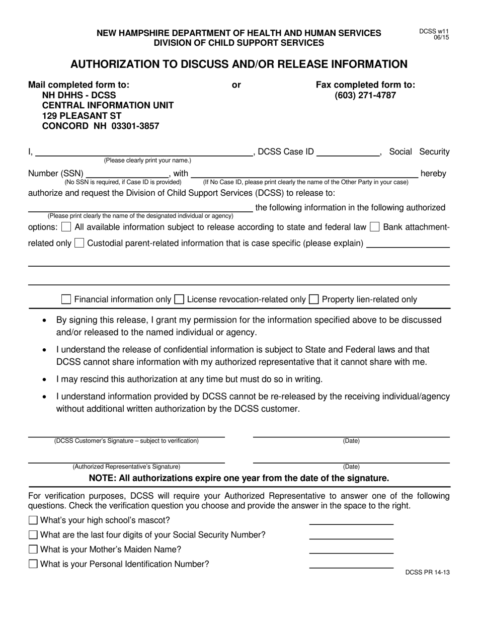 Form DCSS w11 Authorization to Discuss and / or Release Information - New Hampshire, Page 1