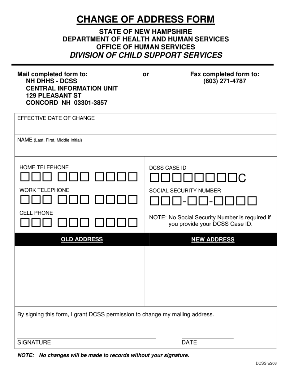 Form DCSS w208 Change of Address Form - New Hampshire, Page 1