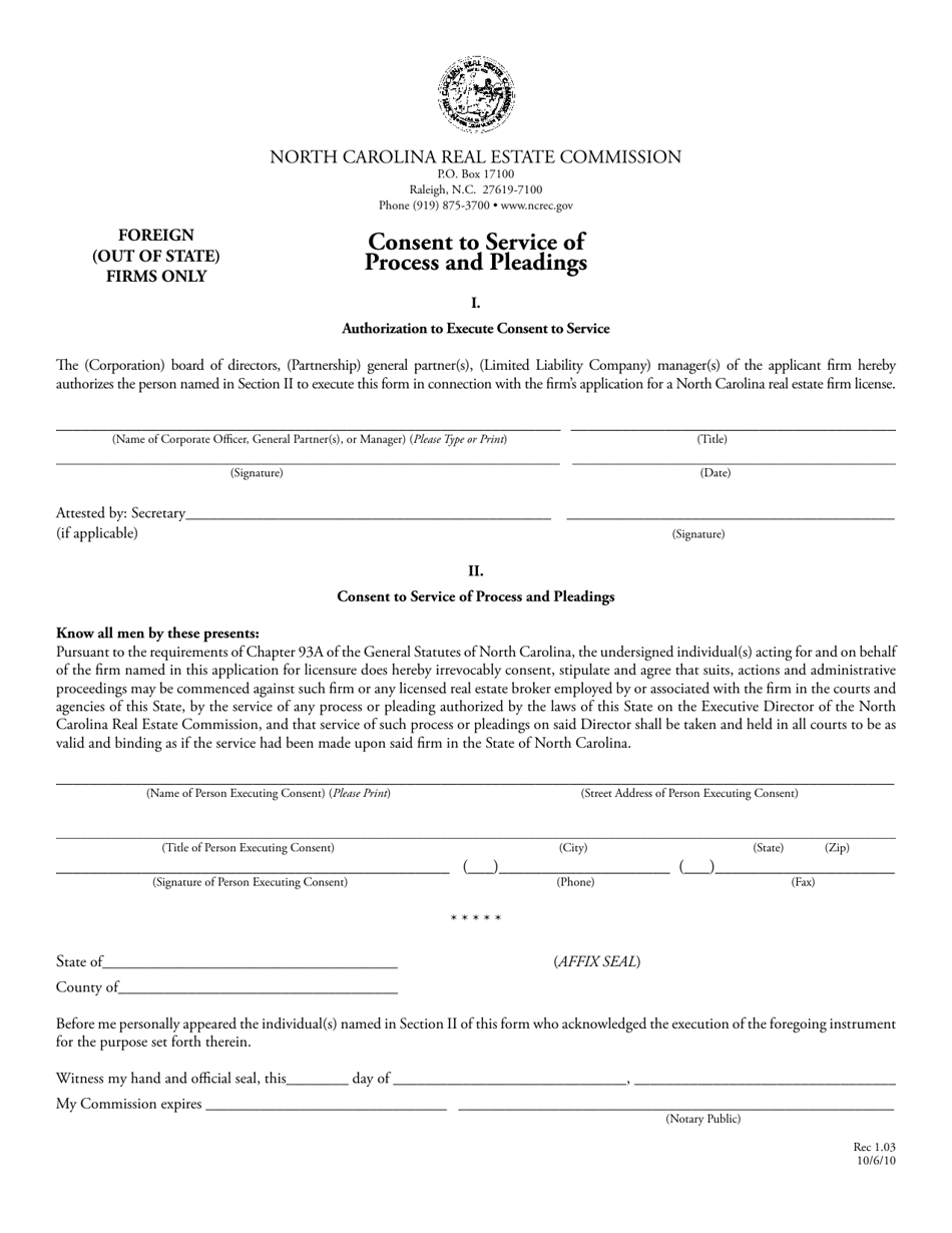 Form REC1.03 Consent to Service of Process and Pleadings - North Carolina, Page 1
