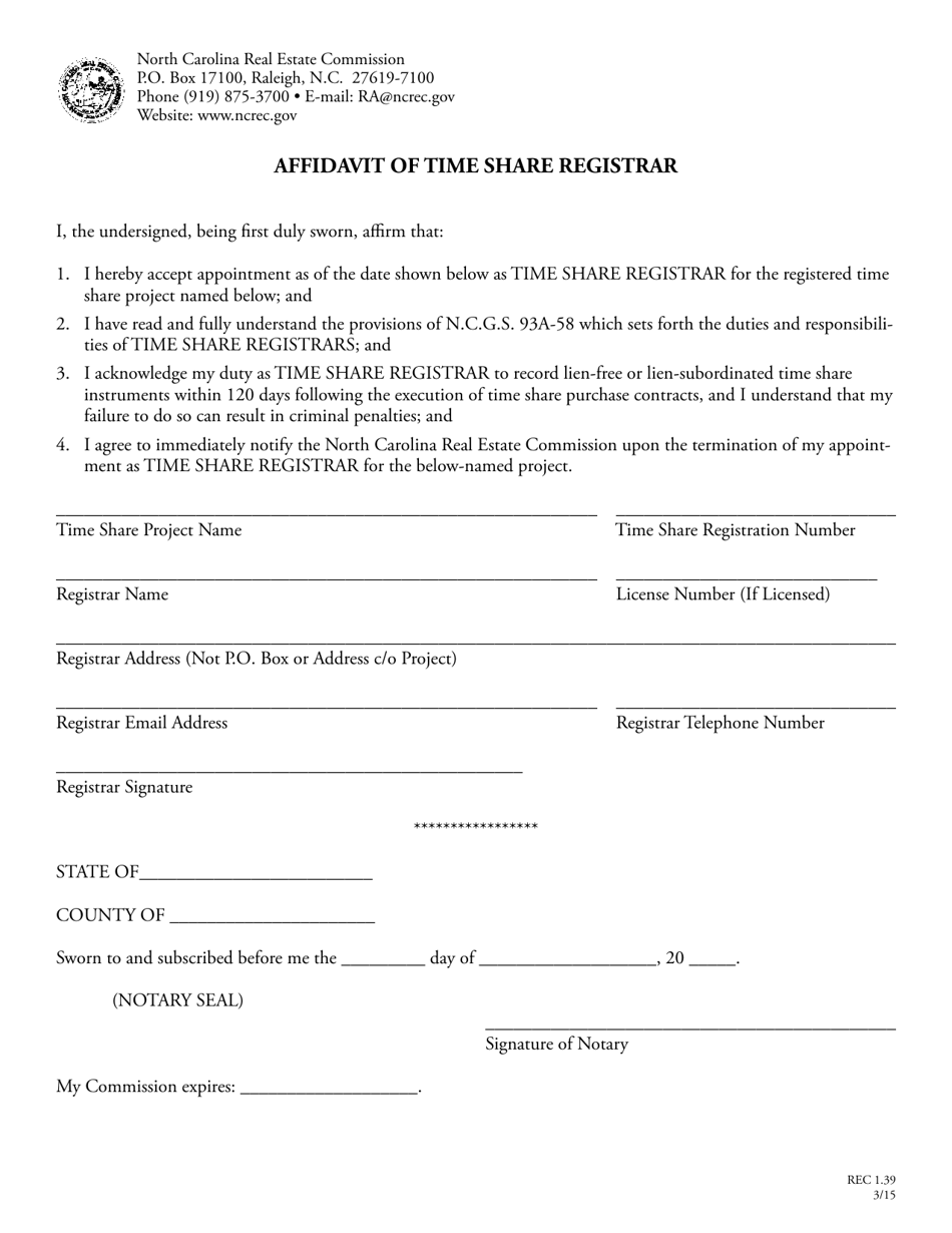 Form REC1.39 Affidavit of Time Share Registrar - North Carolina, Page 1
