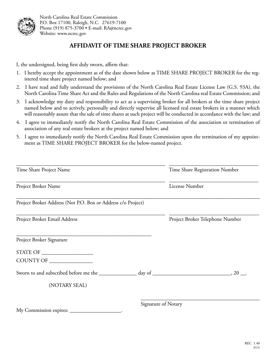 Form REC1.40 Affidavit of Time Share Project Broker - North Carolina, Page 1