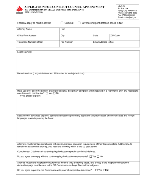 Form SFN59702 Application for Conflict Counsel Appointment - North Dakota