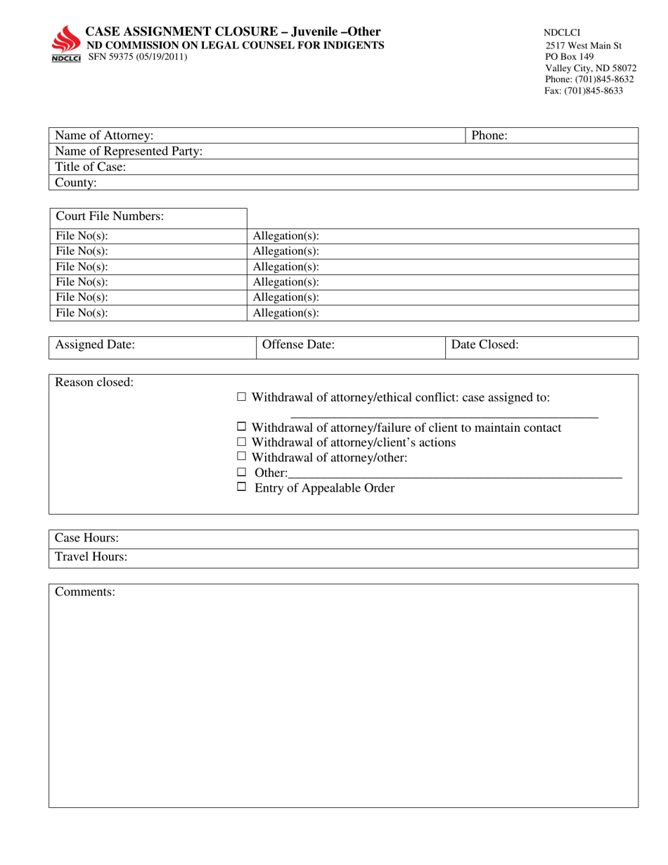 Form SFN59375 Case Assignment Closure - Juvenile - Other - North Dakota, Page 1
