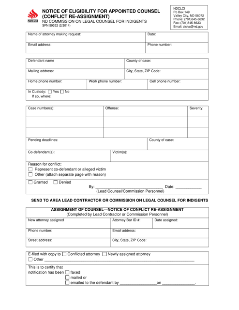 Form SFN59352 Notice of Eligibility for Appointed Counsel (Conflict Re-assignment) - North Dakota