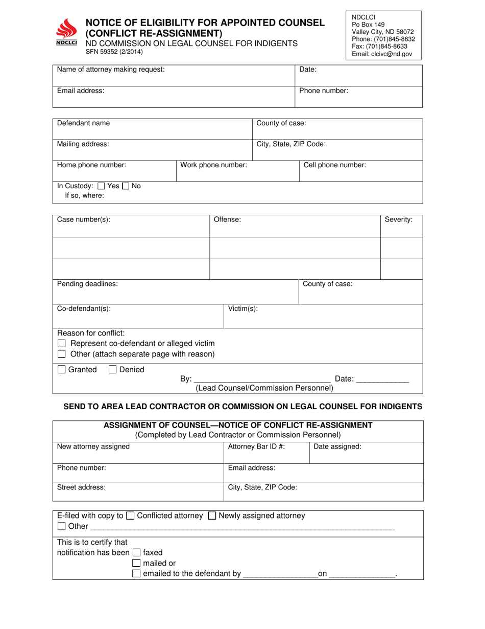 Form SFN59352 Notice of Eligibility for Appointed Counsel (Conflict Re-assignment) - North Dakota, Page 1