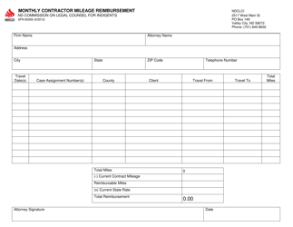Form SFN60359 &quot;Monthly Contractor Mileage Reimbursement&quot; - North Dakota