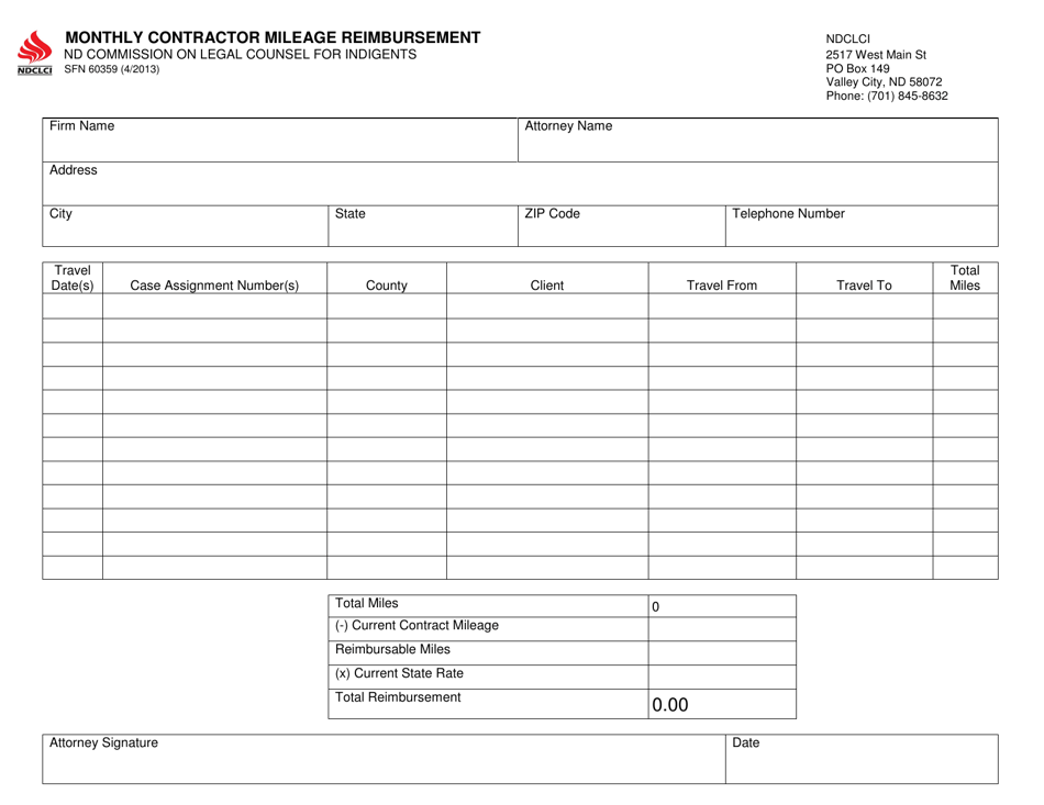 Form SFN60359 Monthly Contractor Mileage Reimbursement - North Dakota, Page 1