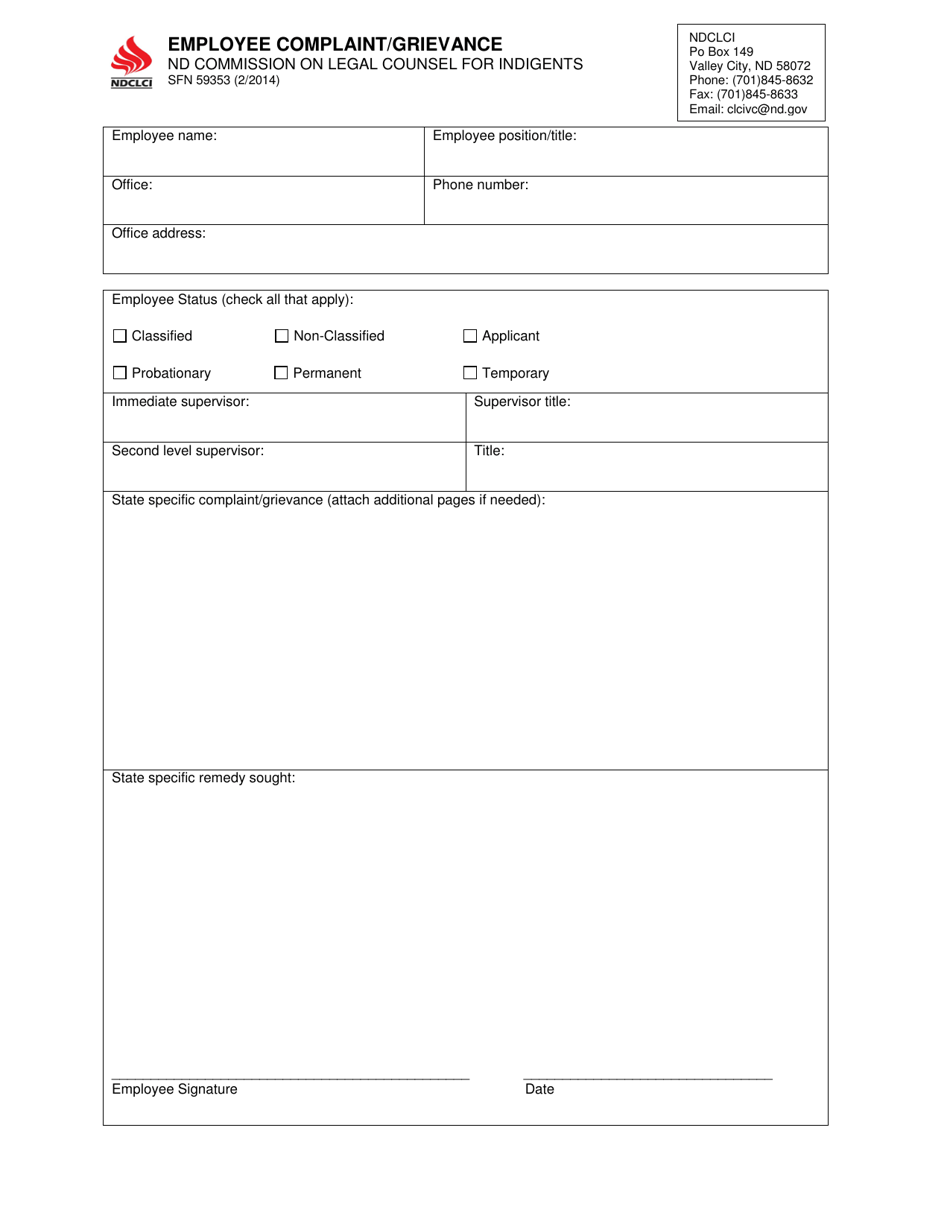Form SFN59353 Employee Complaint / Grievance - North Dakota, Page 1
