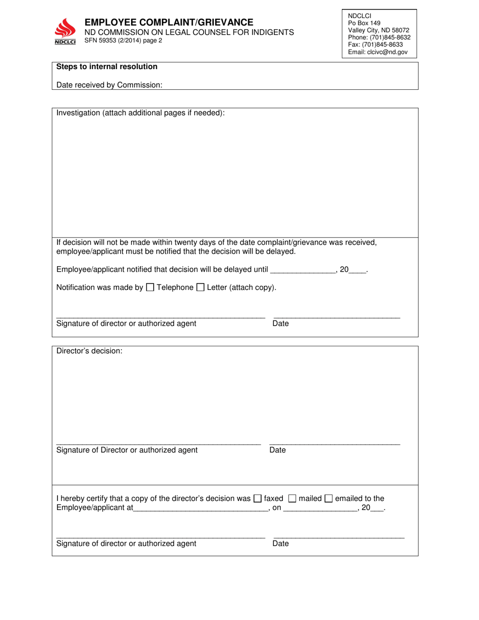 Form SFN59353 Employee Complaint / Grievance - North Dakota, Page 2