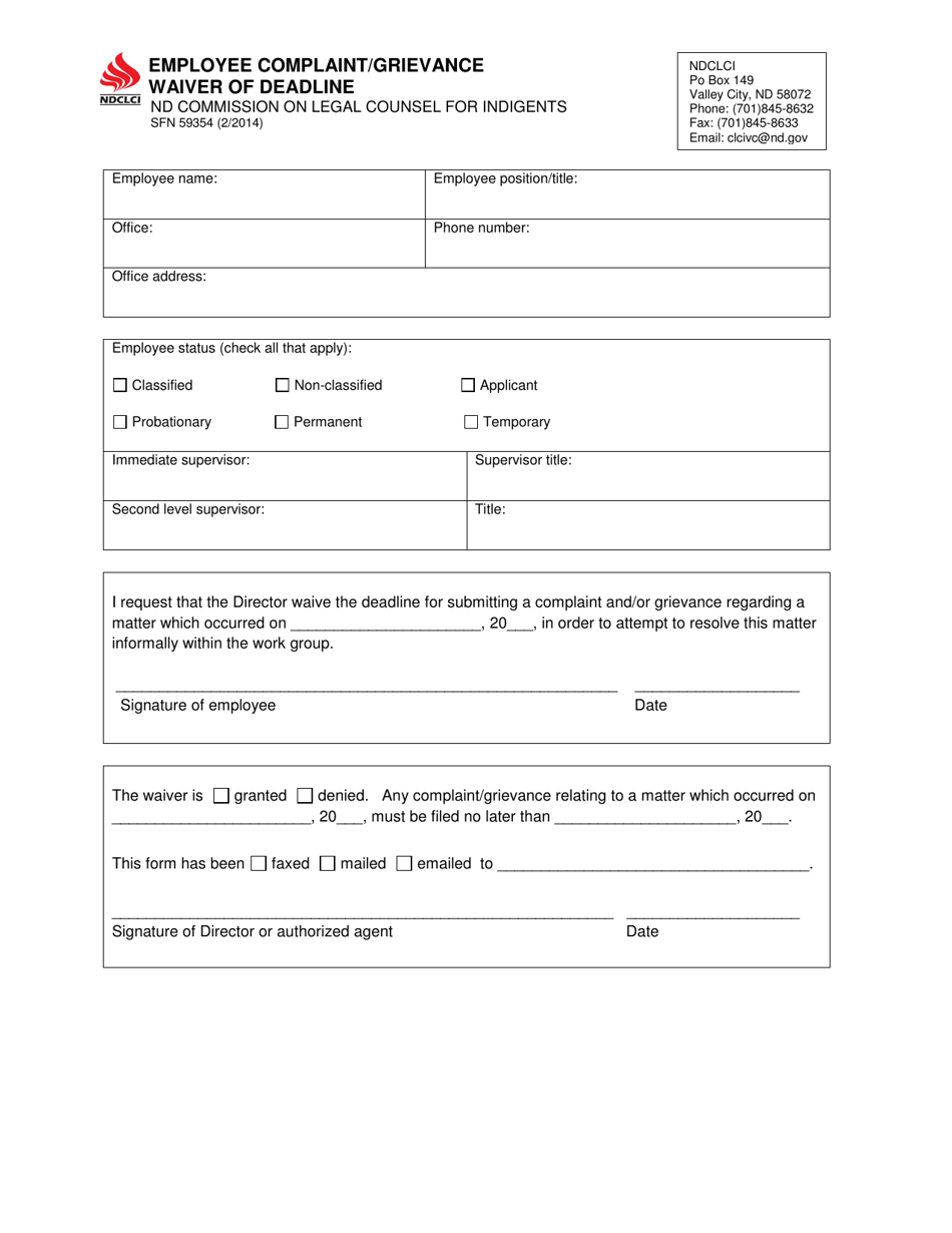Form SFN59354 Employee Complaint / Grievance Waiver of Deadline - North Dakota, Page 1