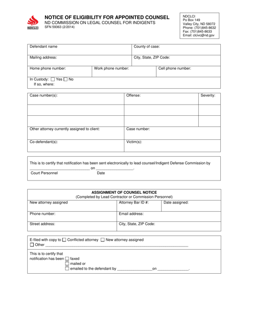 Form SFN59363 Notice of Eligibility for Appointed Counsel - North Dakota