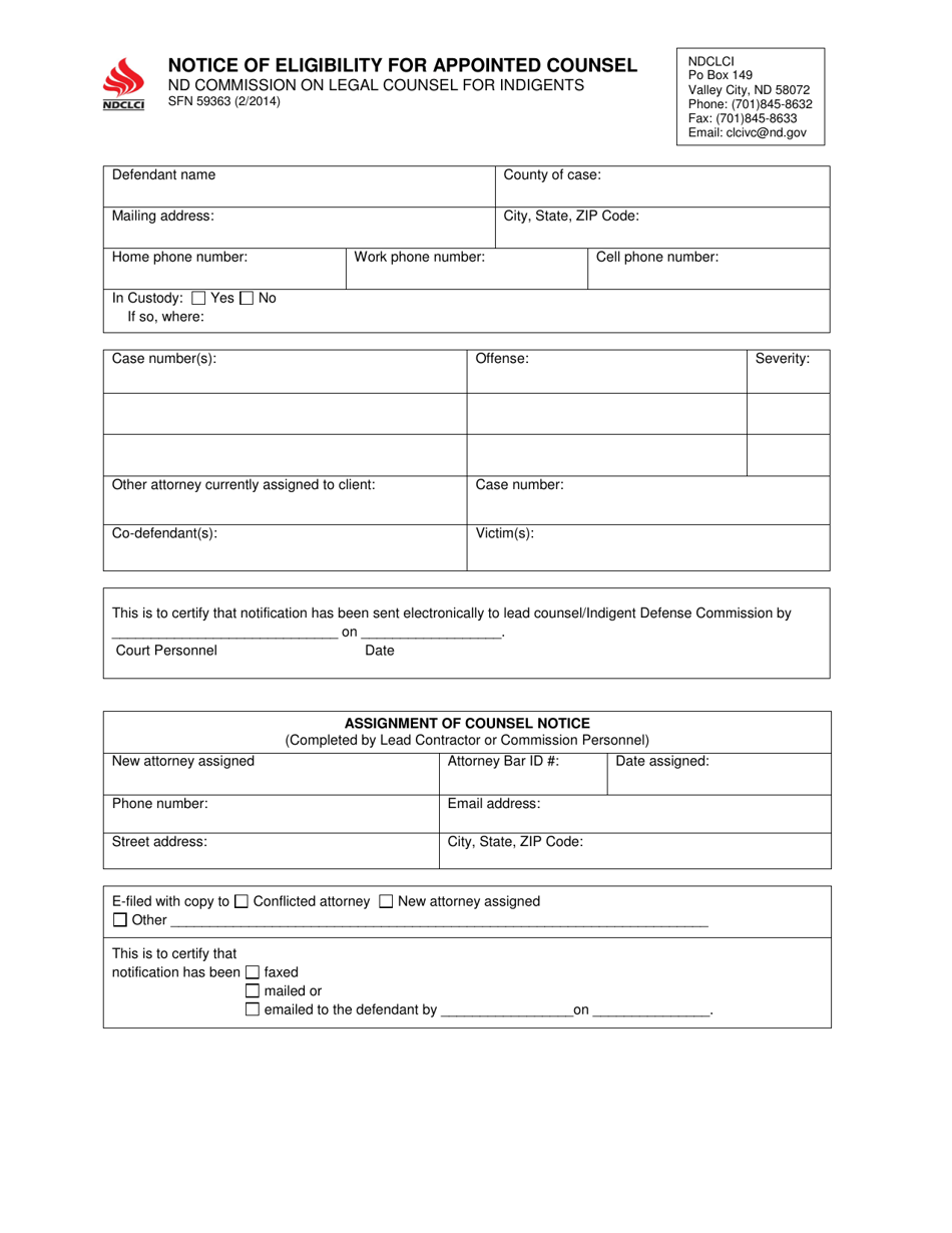 Form SFN59363 Notice of Eligibility for Appointed Counsel - North Dakota, Page 1