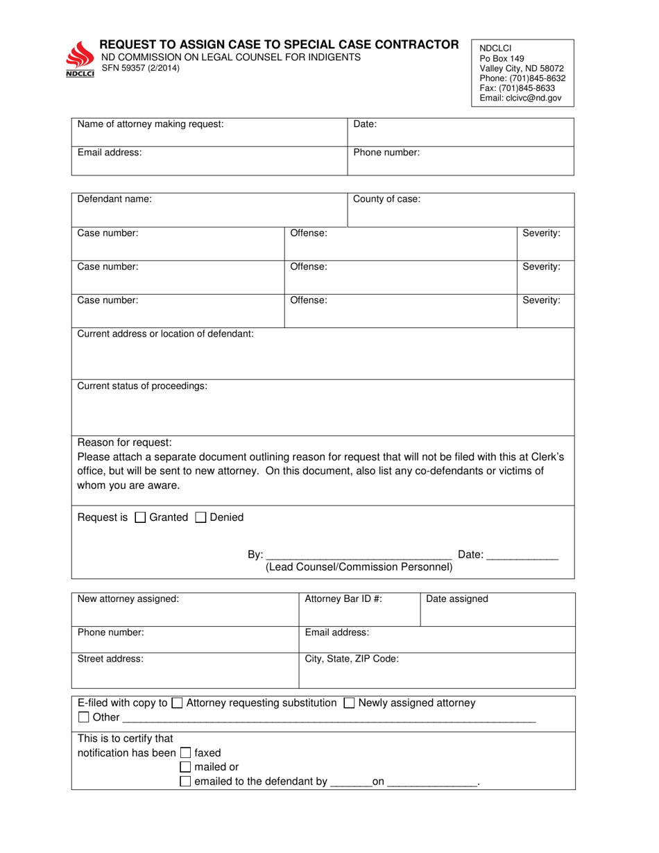 Form SFN59357 Request to Assign Case to Special Case Contractor - North Dakota, Page 1