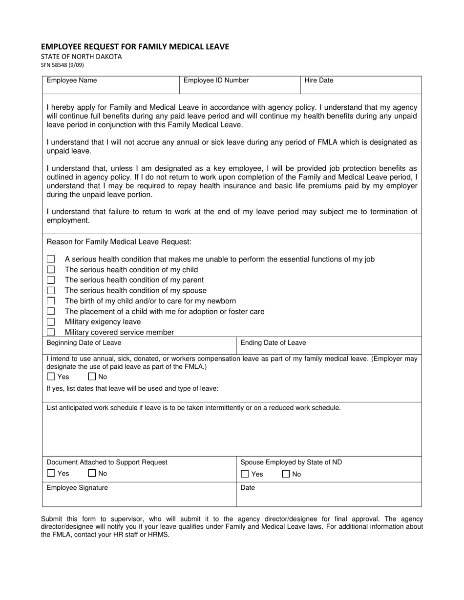 Form SFN58548 Employee Request for Family Medical Leave - North Dakota, Page 1