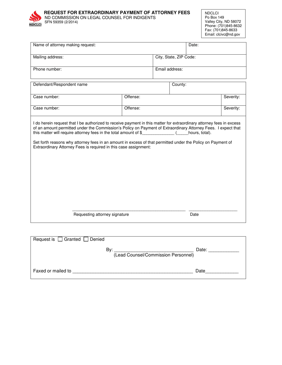 Form SFN59359 Request for Extraordinary Payment of Attorney Fees - North Dakota, Page 1