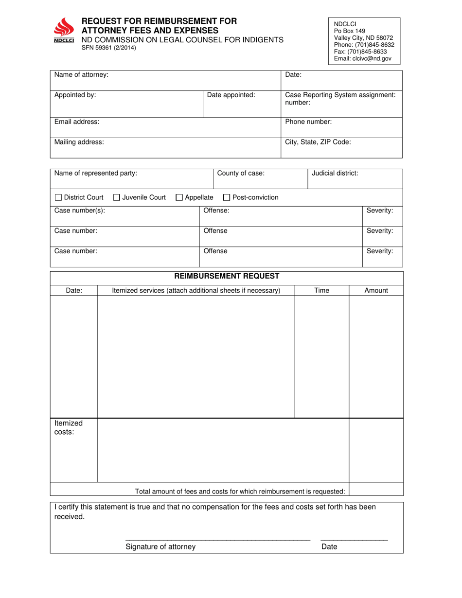 Form SFN59361 Request for Reimbursement for Attorney Fees and Expenses - North Dakota, Page 1
