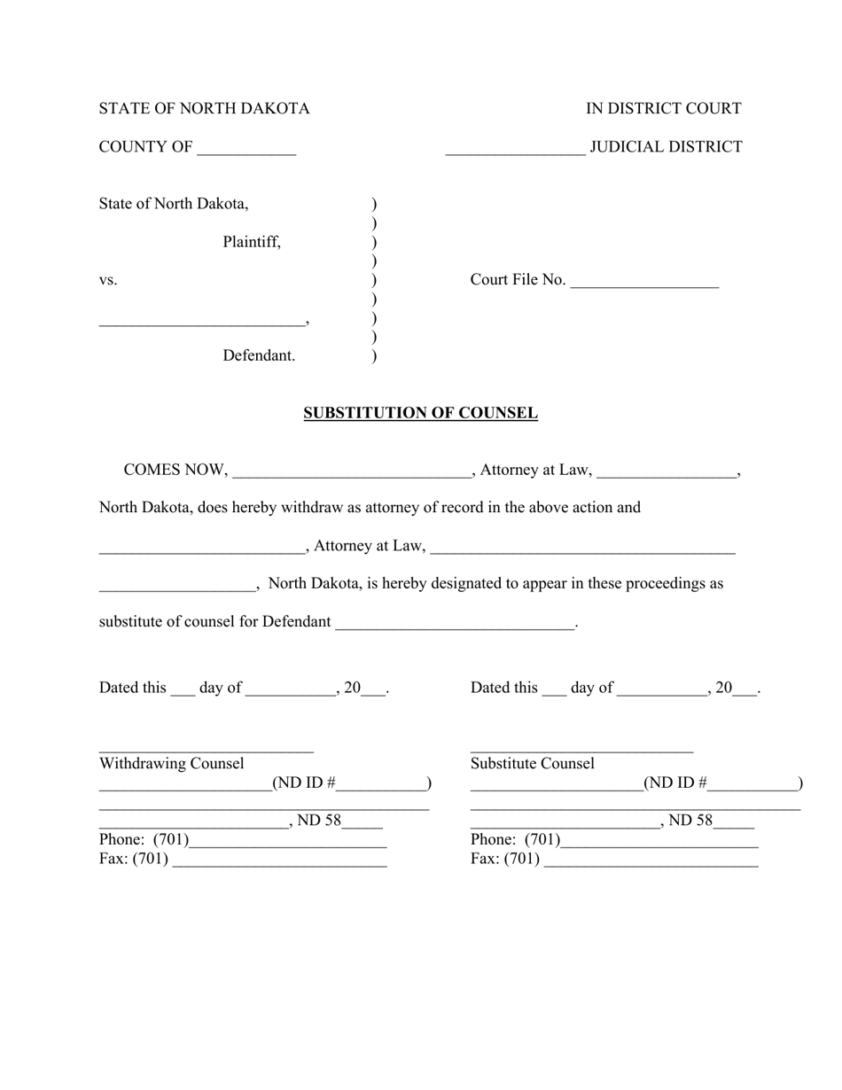 North Dakota Substitution Of Counsel Fill Out Sign Online And Download Pdf Templateroller 6185